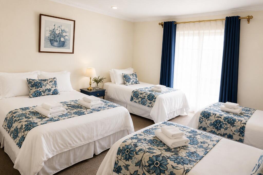 Family room at Hotel Rondo Viña del Mar with multiple beds, blue floral linens and natural light