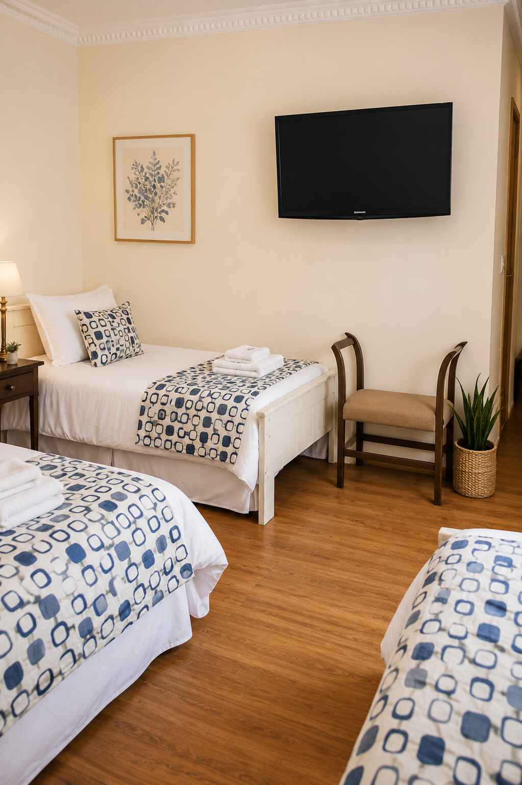 Triple room at Hotel Rondo Viña del Mar with blue patterned runners, warm wood flooring, wall-mounted TV and crisp white bedding.