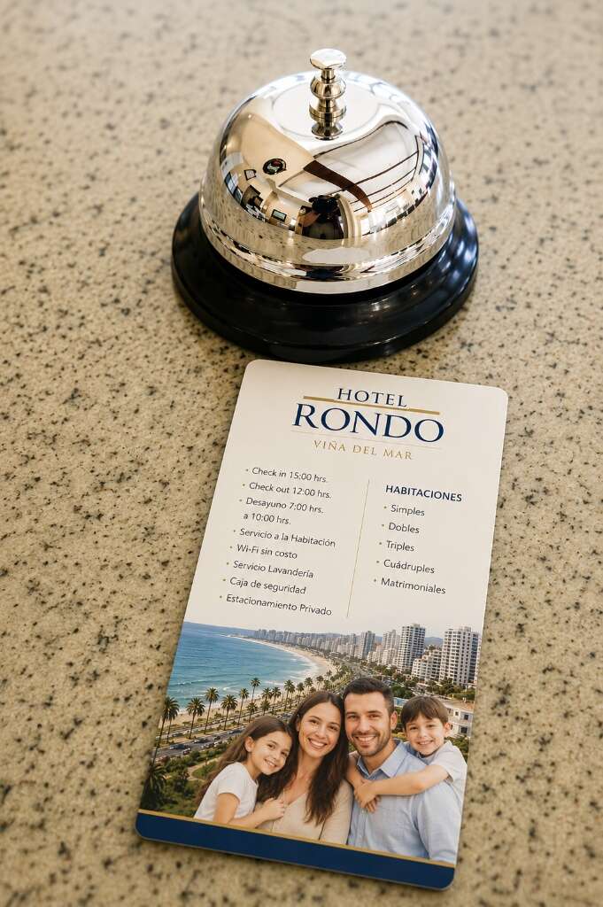 Hotel Rondo Viña del Mar reception bell beside the printed property brochure card showing services and Pacific coastline