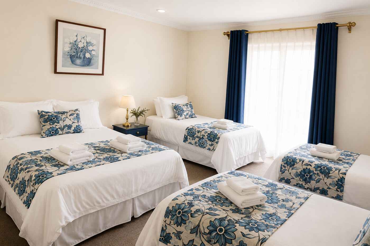 Family room at Hotel Rondo Viña del Mar with multiple beds, blue floral linens, navy curtains and soft daylight.